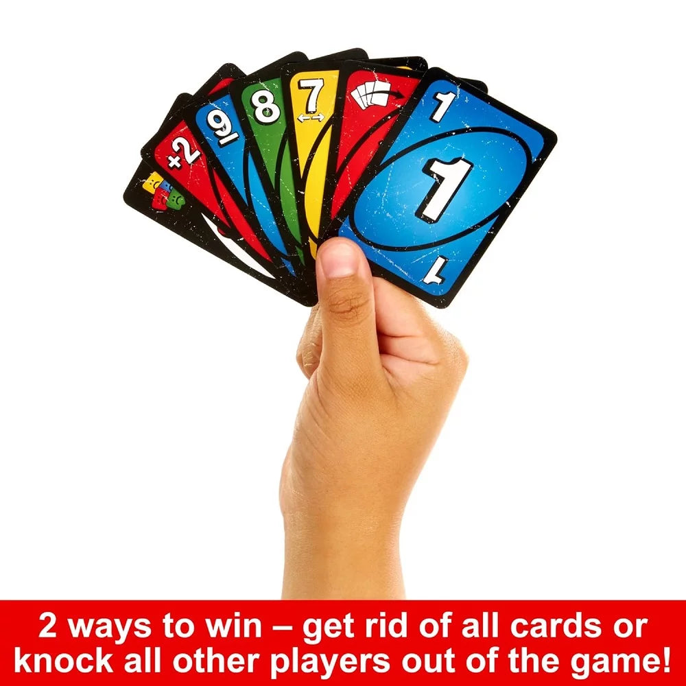 Hand holding colorful UNO cards including special action cards Buy UNO No Mercy India online Ahmedabad Gujarat