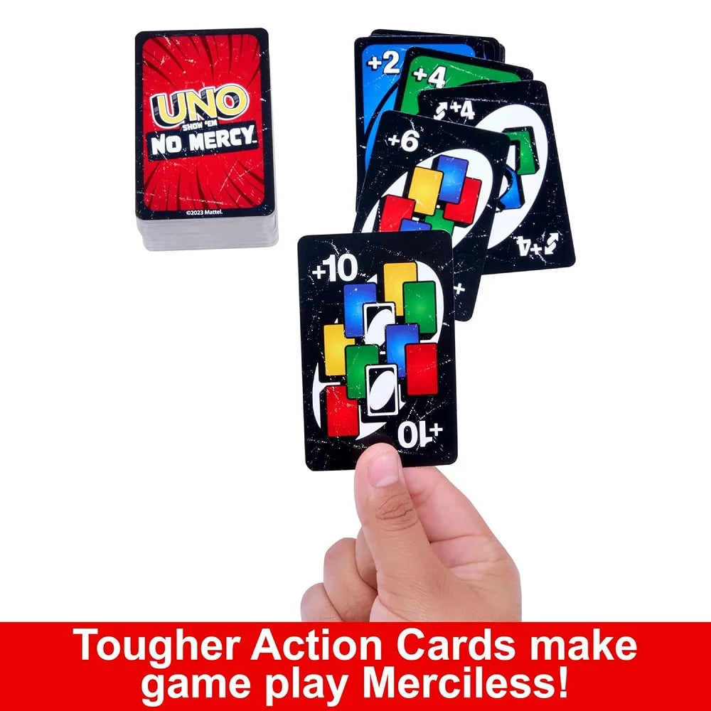 Buy UNO No Mercy India online Ahmedabad Gujarat showing gameplay cards with hand holding plus 10 card