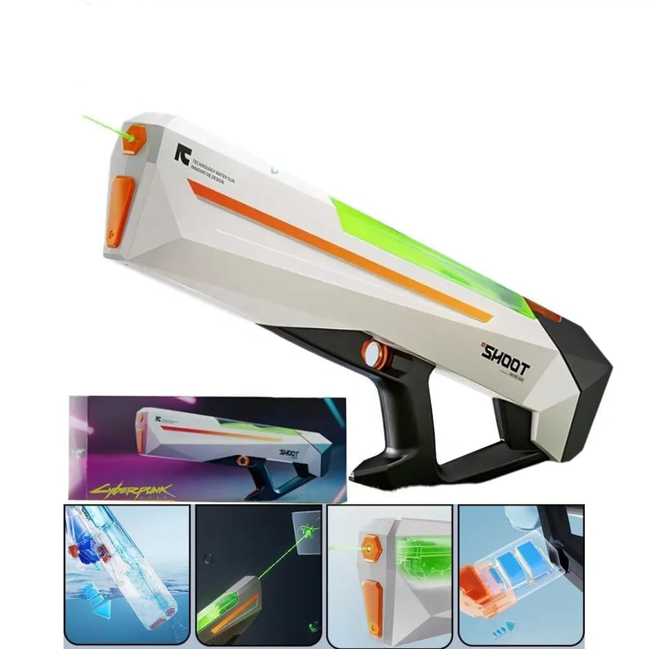 Futuristic white water gun with neon accents, side view, ideal for exciting outdoor fun, buy water gun online Ahmedabad at Sam's Toy World shop