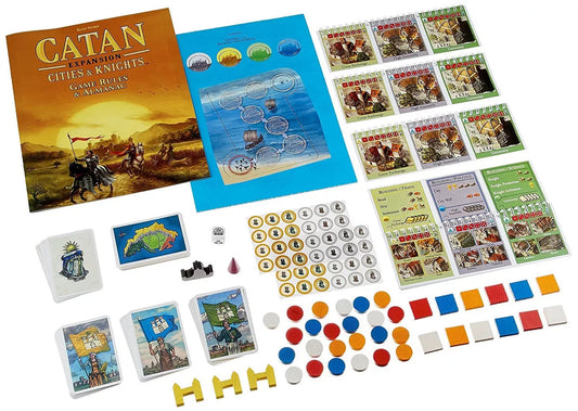 Catan 5th Edition board game India Ahmedabad Gujarat full components display with map tiles cards tokens and expansion box