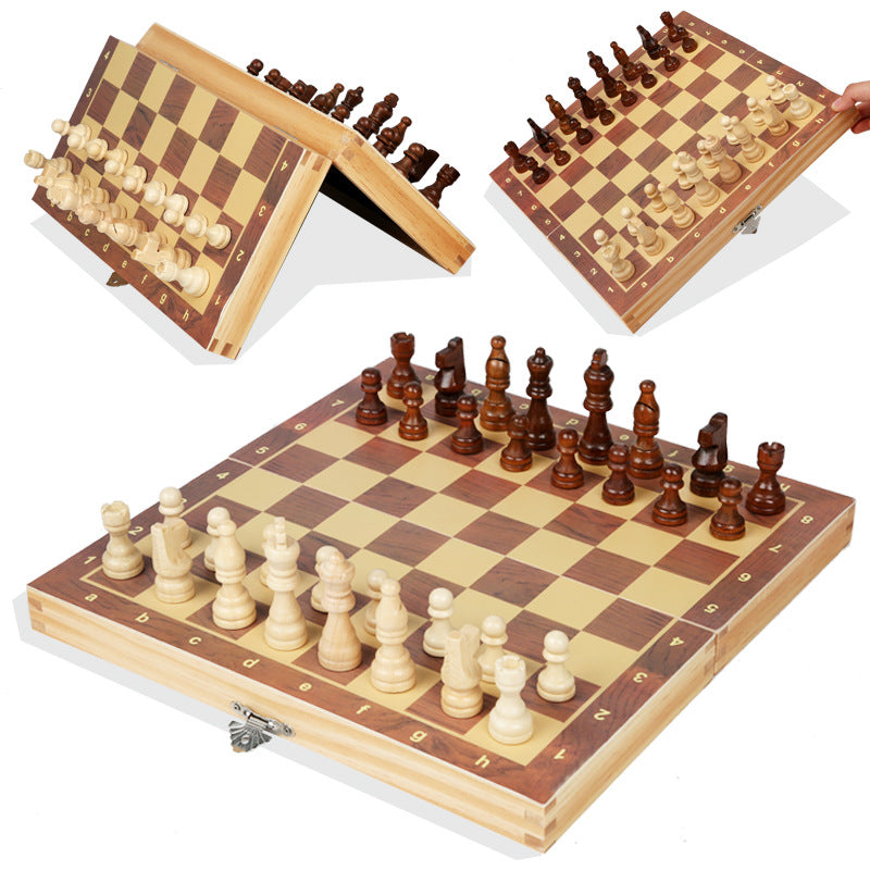 Magnetic chess set with wooden board and pieces, foldable design for easy storage and travel