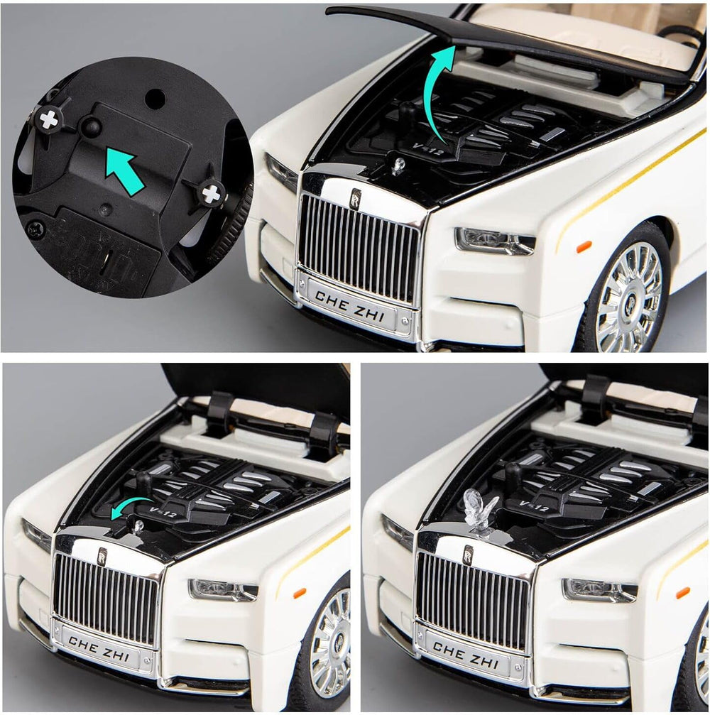 Rolls Royce Phantom diecast model car with lights and music. White toy with opening hood engine and rising ornament