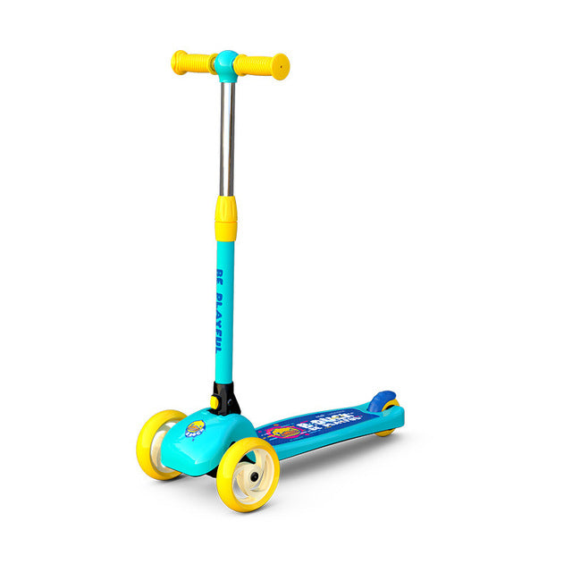 Blue and yellow children's balance scooter 1-10 years online India with three wheels and adjustable handlebar