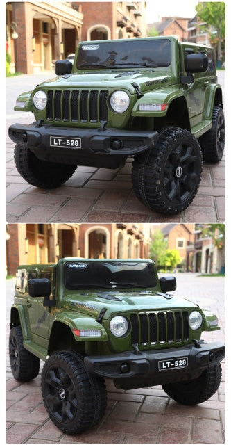 Children's Electric Car Four-wheel Double Seat Car in green with rugged tires and realistic design