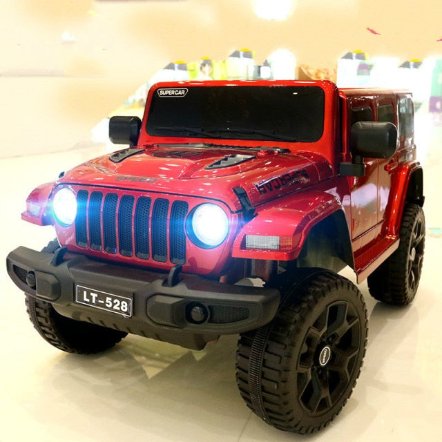 Children's Electric Car Four-wheel Double Seat Car in red color with LED headlights and rugged design