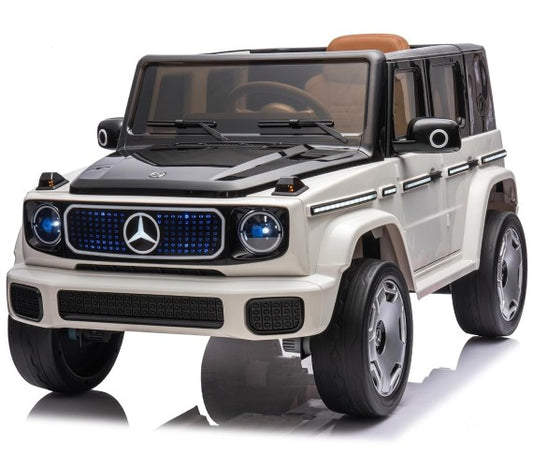 White childs ride on electric car with black accents, front view, for outdoor fun and adventure