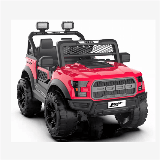 Red childs ride on jeep with large wheels, front view, perfect for outdoor fun and adventure.