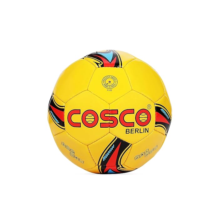 Yellow Cosco size 5 football with red and black graphics for outdoor play Cosco size 5 football for sale Ahmedabad online India