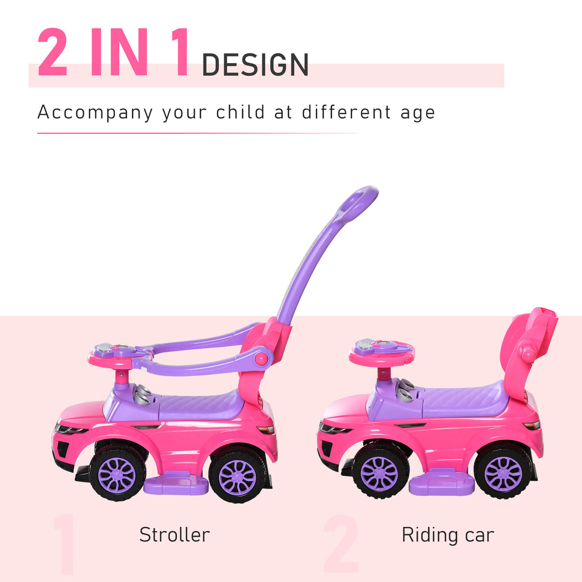2 In 1 Push Cars For Toddlers Kid Ride On Push Car Stroller Sliding Car With Horn Music Light Function Secure Bar Ride On Toy For Boy Girl 1-3 Years Old Pink