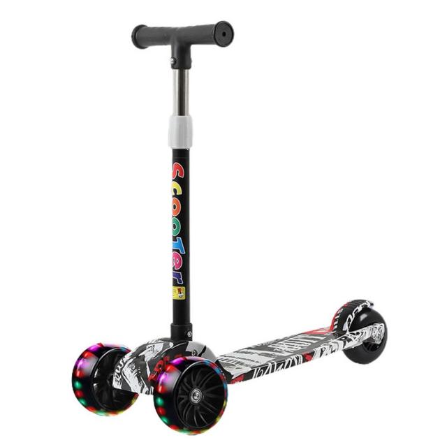 Black graffiti foldable ride on scooter for children 3 wheels with adjustable T handle and light up front wheels