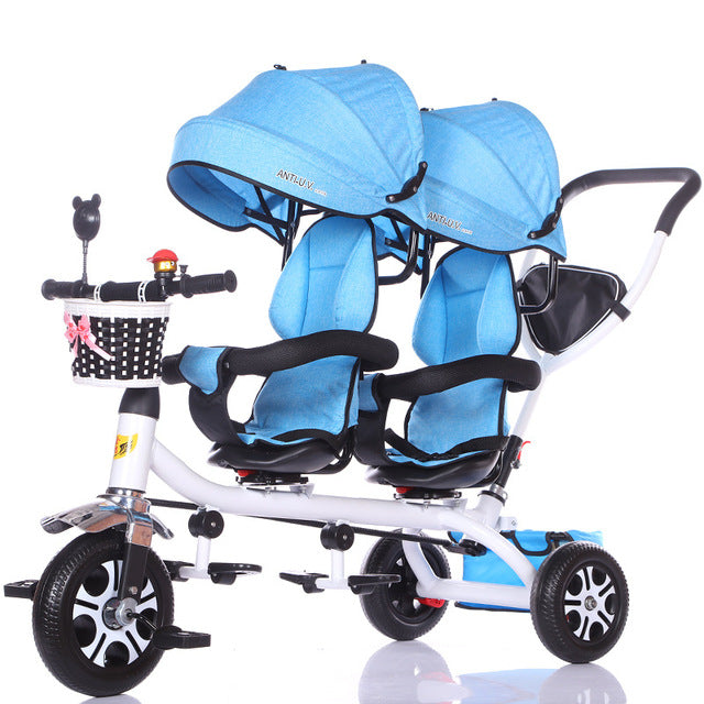 Double baby twins tricycle with canopy Gujarat india online in blue with black and white basket and rear handle