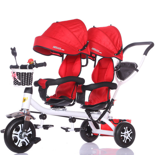 Double baby twins tricycle with canopy Gujarat india online in red and white with basket and safety handles