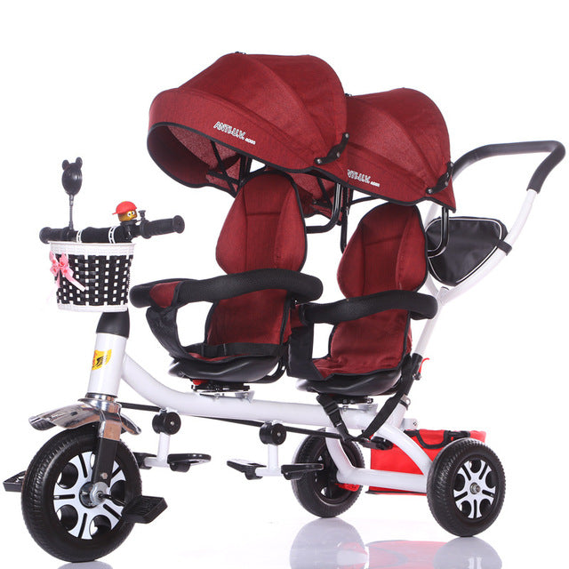 Double baby twins tricycle with canopy Gujarat india online by samstoy.in in red and white frame