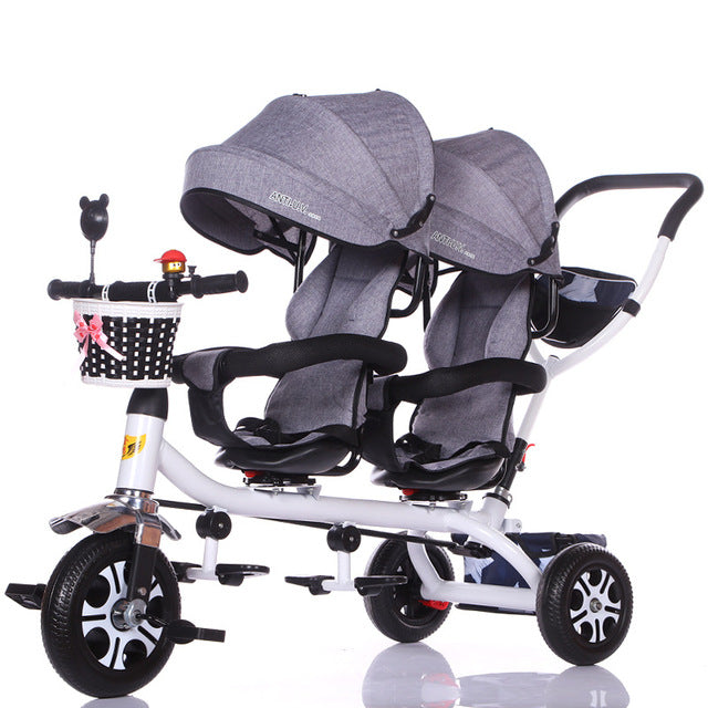 Double baby twins tricycle with canopy Gujarat india online sturdy grey twin seat design with basket and footrests