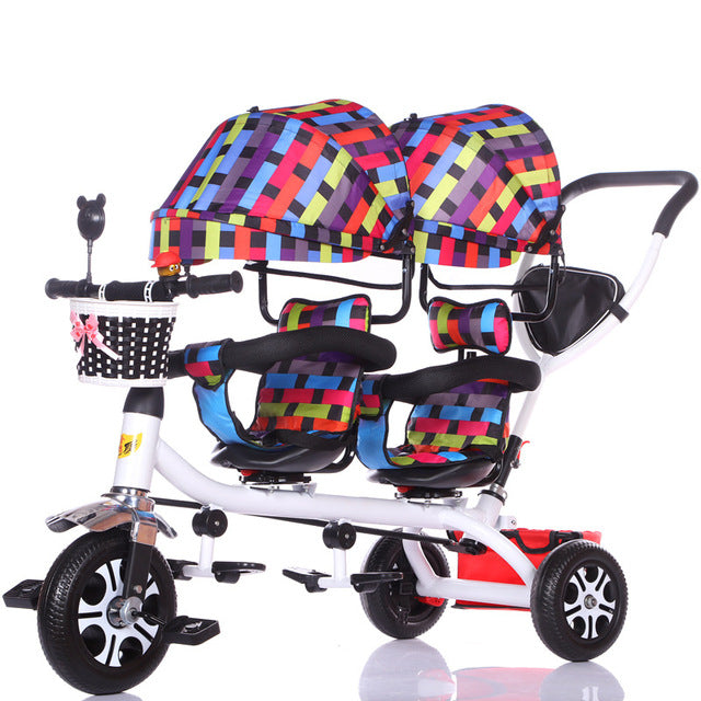 Double baby twins tricycle with canopy Gujarat india online featuring colorful seats and sturdy frame