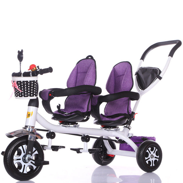 Double baby twins tricycle with canopy Gujarat india online purple seats with safety bars and adjustable handle
