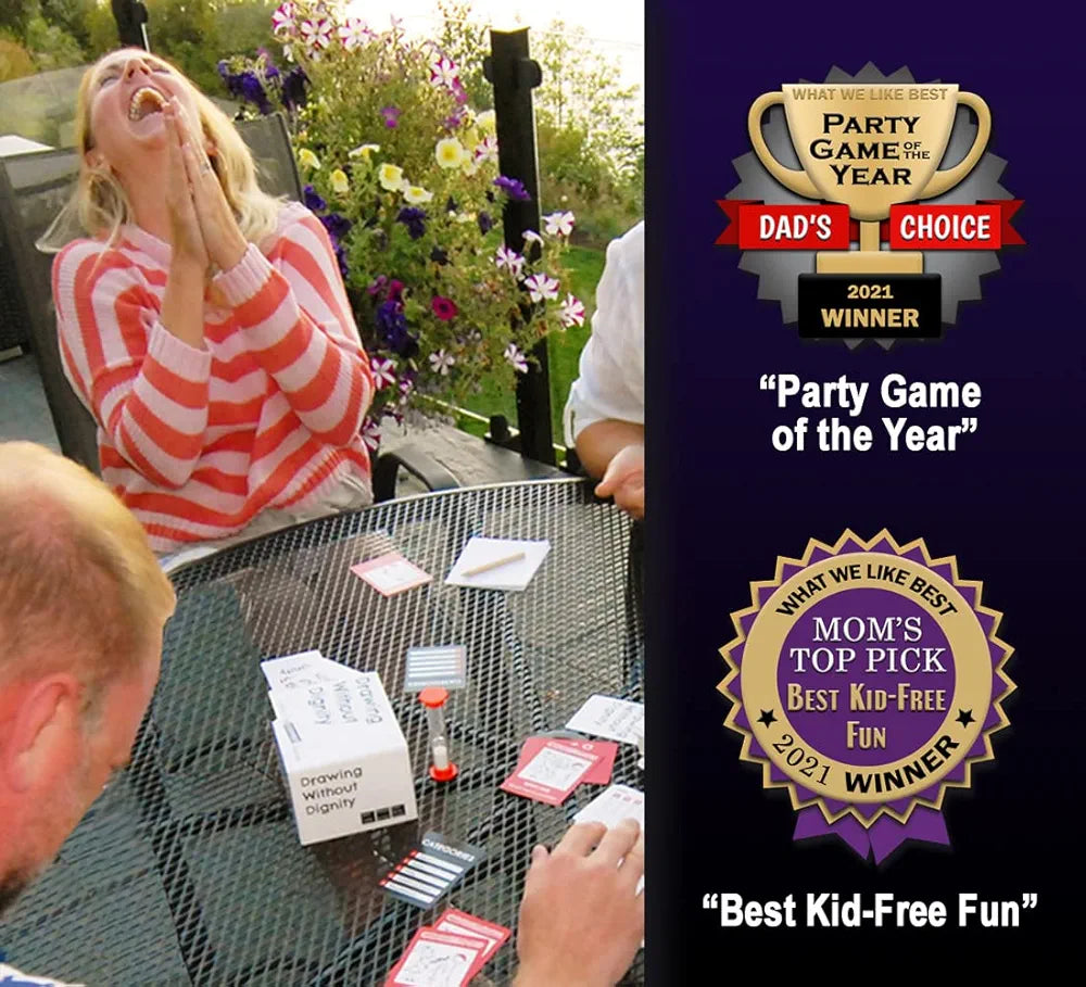 Drawing Without Dignity with expansion packs, tabletop game for adults, group playing outdoors, fun entertainment