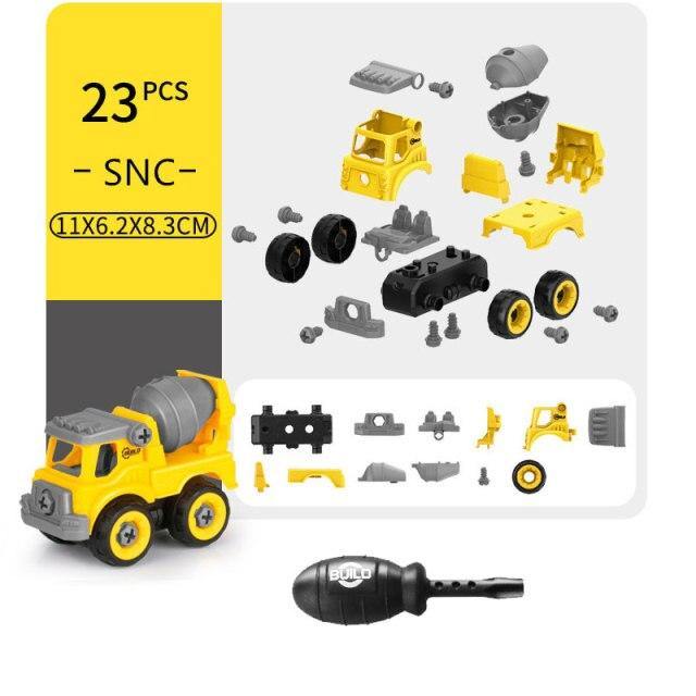 Educational construction toys for toddlers kids Ahmedabad yellow and gray cement mixer truck with 23 pieces and assembly tool