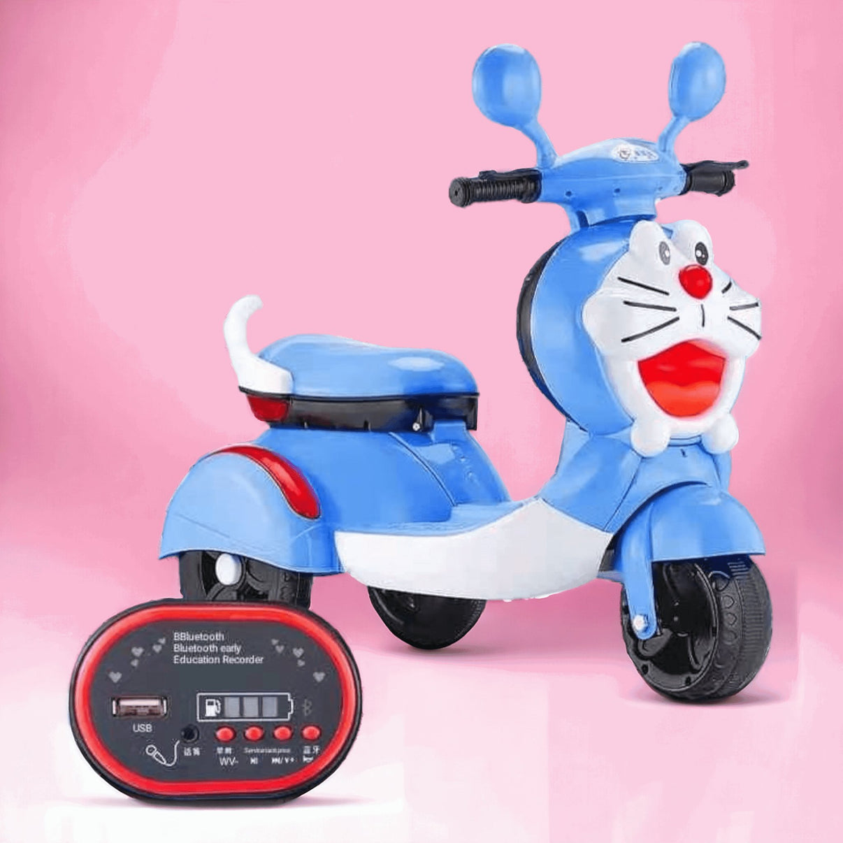 Blue Electric Kids Bike Make In Ahmedabad with fun character design and Bluetooth educational recorder
