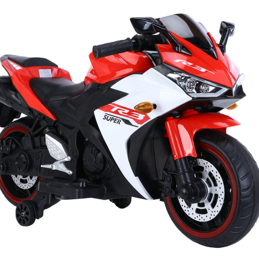 Red electric motor bike for children with sporty design and durable wheels for fun rides