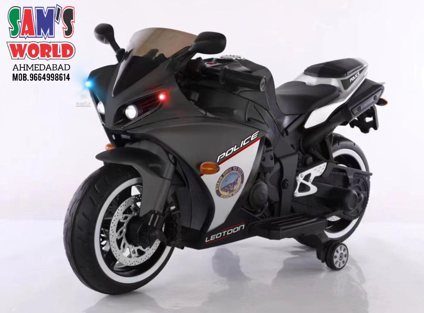 Black electric police bike for kids Ahmedabad Gujarat India with training wheels and police decals