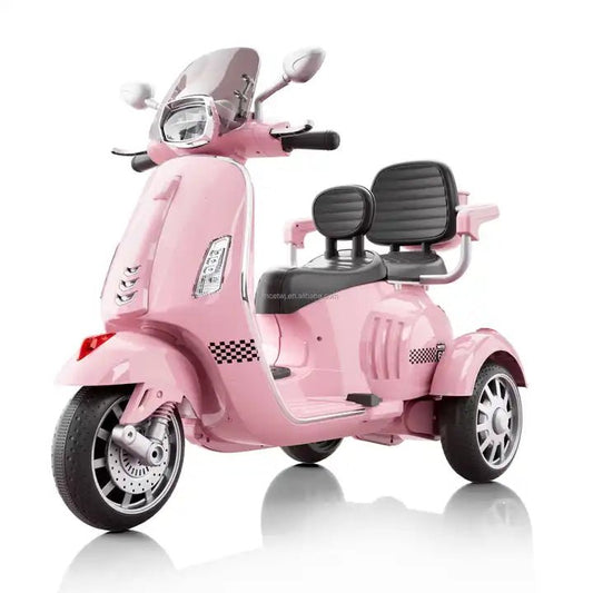 Pink electric scooter for kids with two seats, front view, perfect for fun rides and outdoor adventures