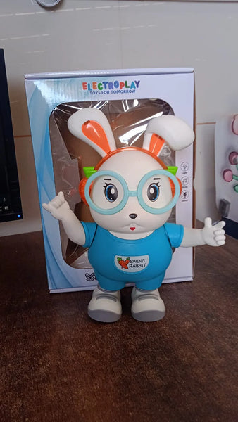 Gift toy bunny with music and lights dance toy online in blue outfit with glasses and bunny ears