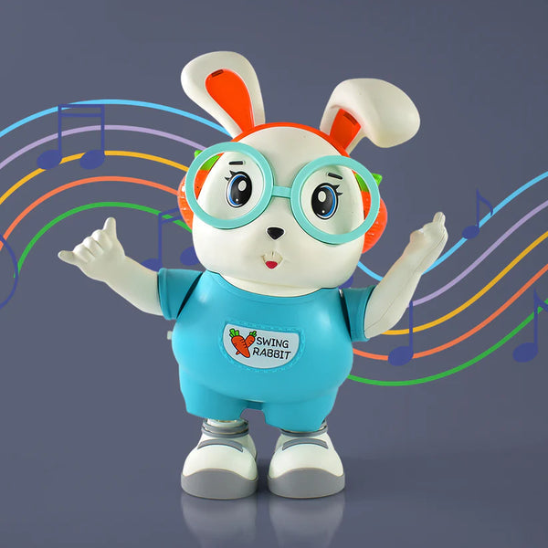 Gift toy bunny with music and lights dance toy Online featuring a cute rabbit in blue outfit and glasses