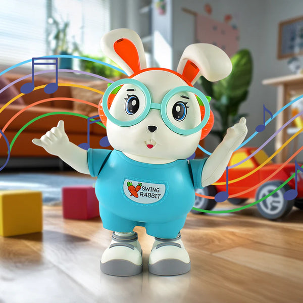 Gift toy bunny with music and lights dance toy online in blue outfit with glasses in a bright playroom