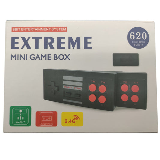 Extreme Mini Game Box packaging with retro black console and two controllers wireless controller TV video game
