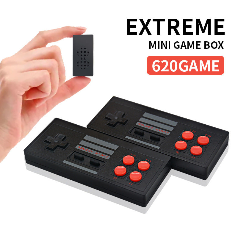 Mini game box with two retro black controllers and tiny plug featuring wireless controller TV video game