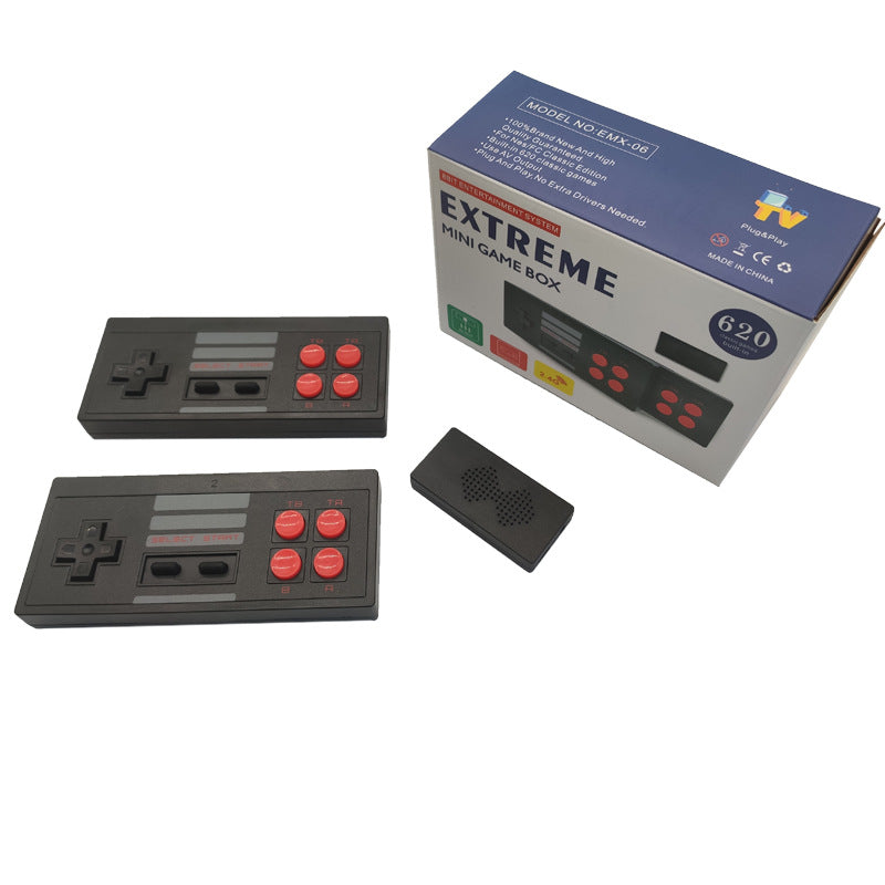 Extreme mini game box with two retro black controllers red buttons and receiver for wireless controller TV video game play