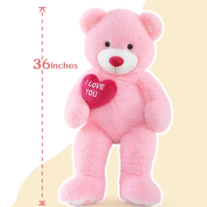 36-inch pink fluffy teddy bear with I love you embroidery, perfect for gifts and cuddling