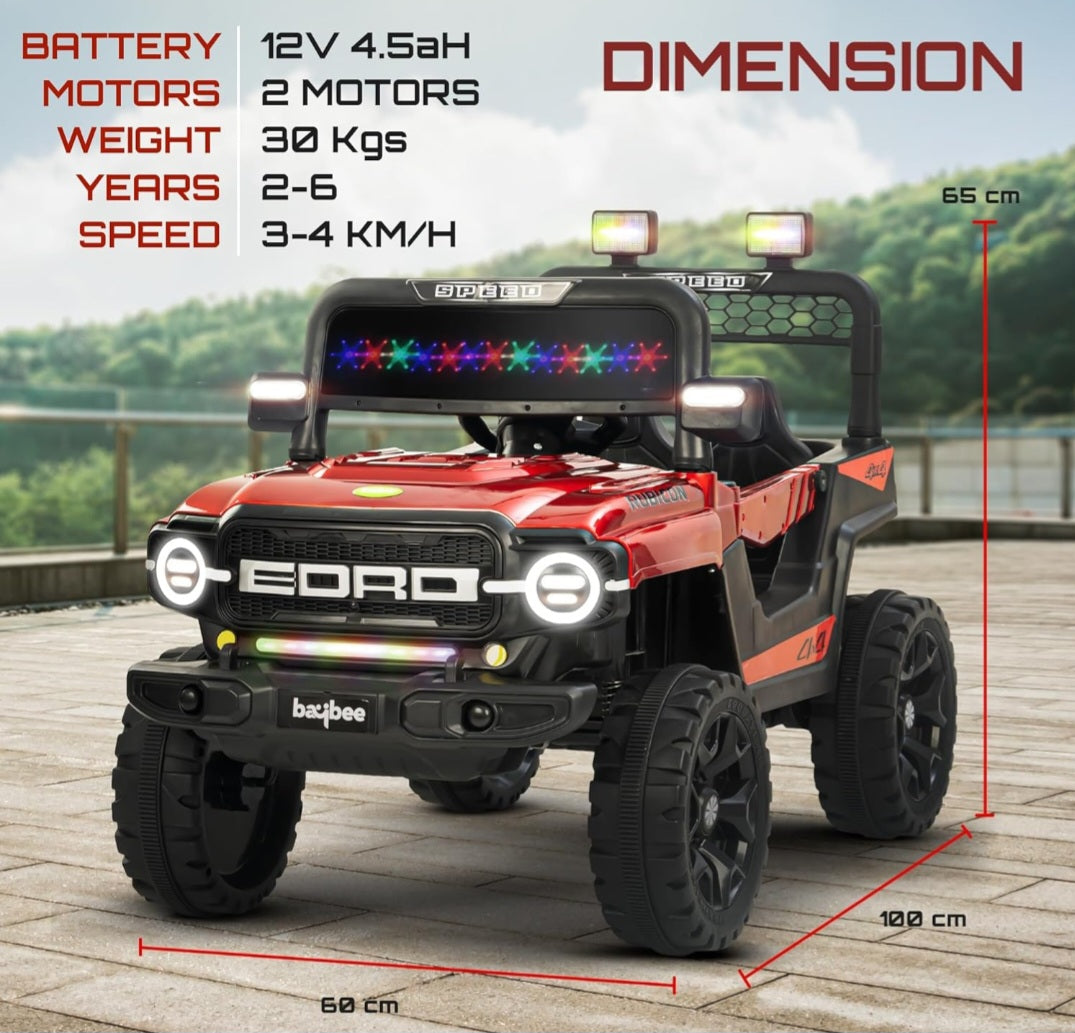 Kids ride on car Ford 4x4 with remote control warranty in red with lights and large black wheels