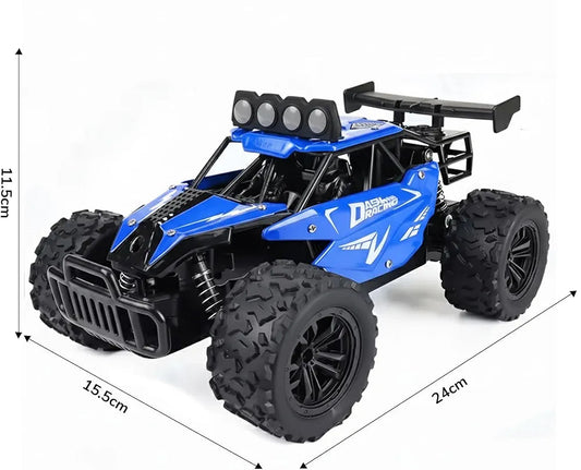 Blue full-function RC car for children with large tires and LED lights for outdoor fun