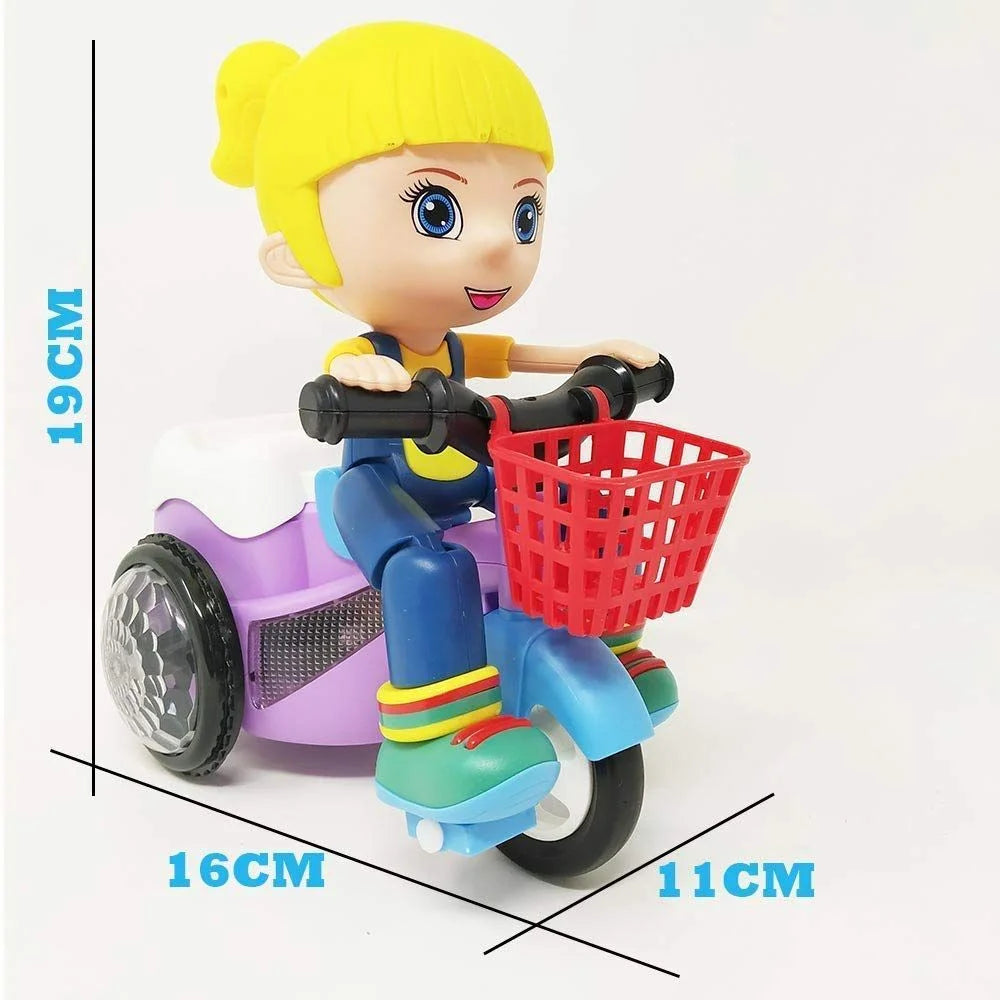 stunt tricycle girl musical toy in Ahmedabad Gujarat . Plastic yellow haired girl on colorful battery tricycle with red basket
