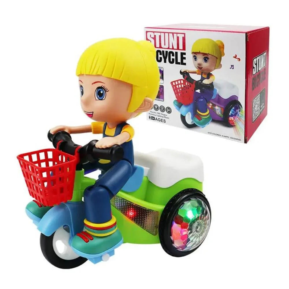 Colorful stunt tricycle girl musical toy in Ahmedabad Gujarat . Doll riding green tricycle with flashing LED wheels and red basket