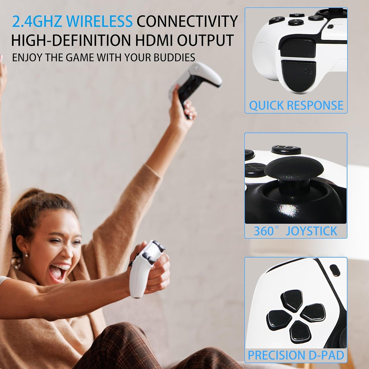 samstoy.in white wireless game controller with 2.4GHz connectivity and precision D pad shown in use