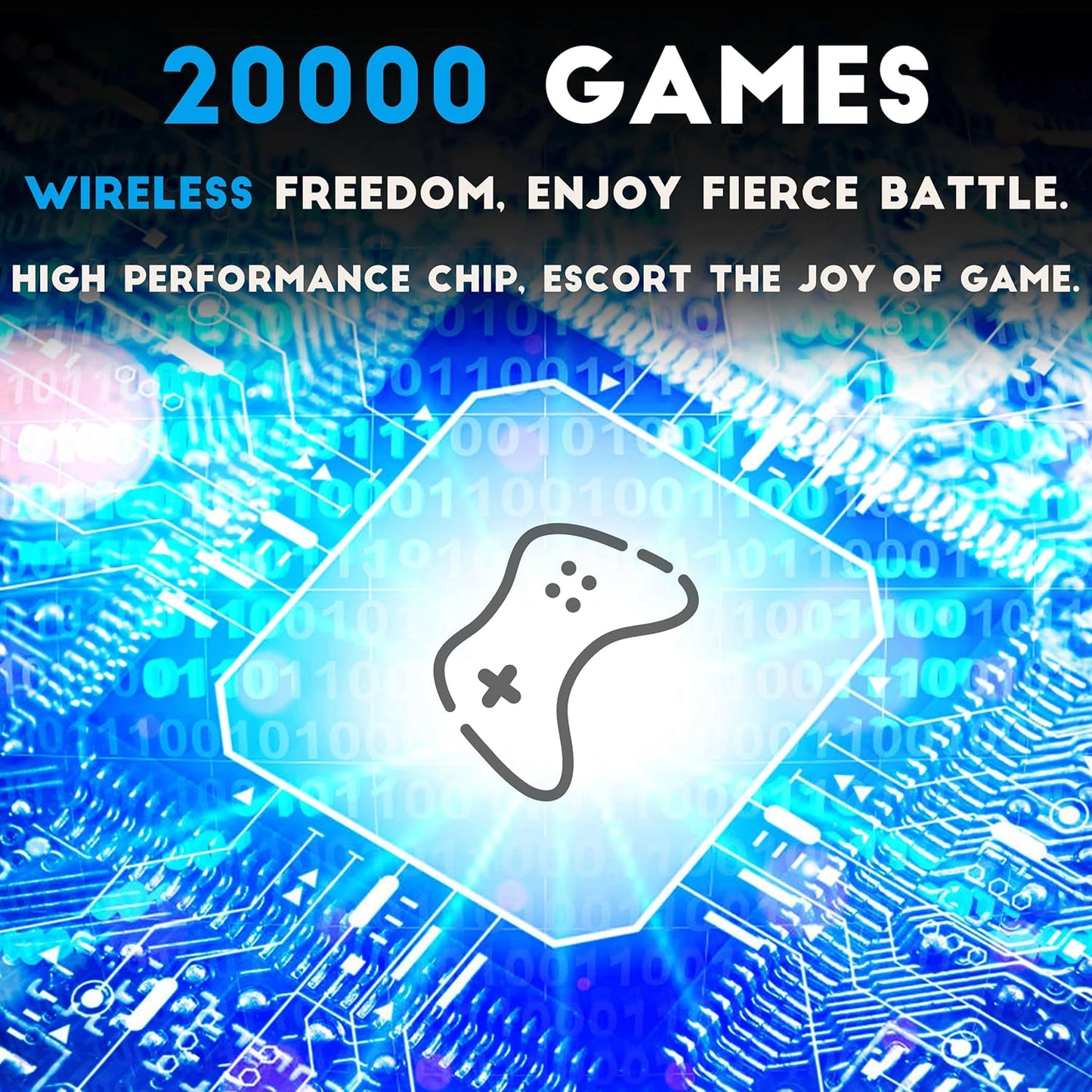 Samstoy wireless game controller promotional image showing 20000 games icon over circuit board