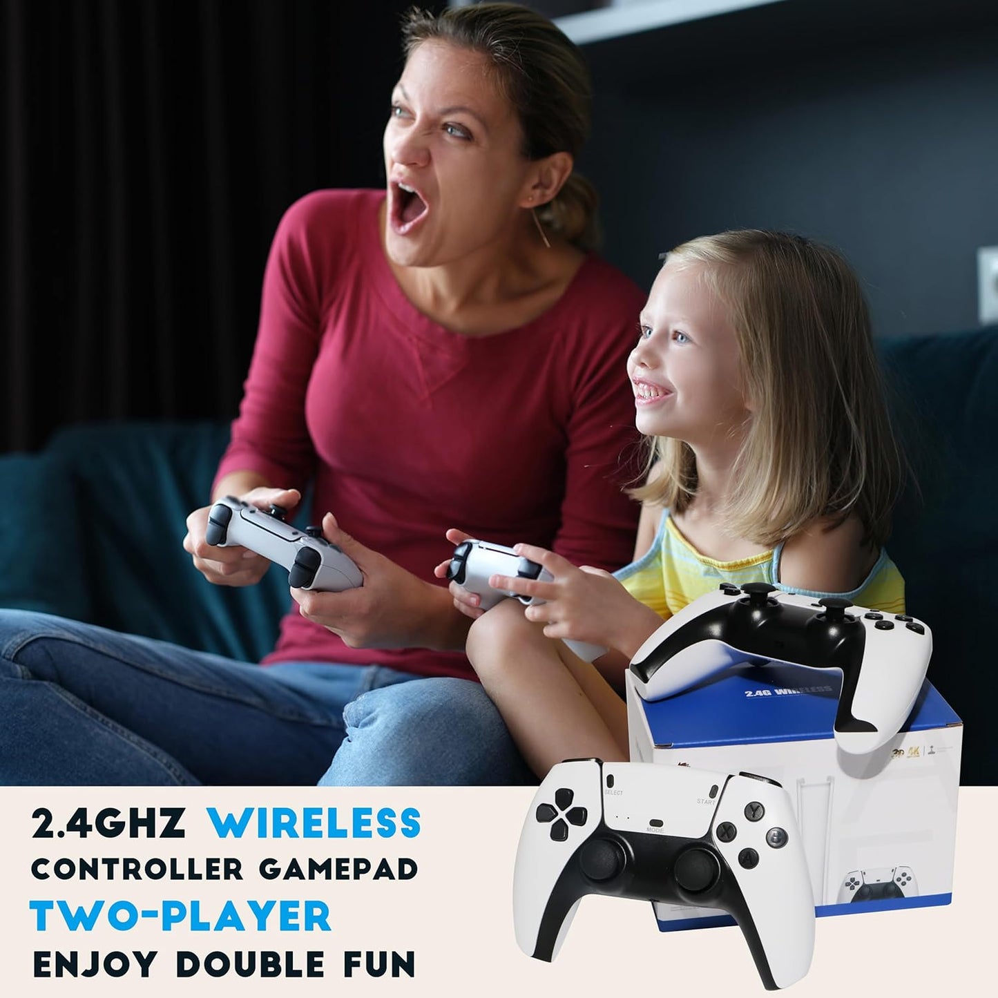 2.4GHz wireless controller gamepad two player set with white controllers and box, mother and daughter gaming on couch