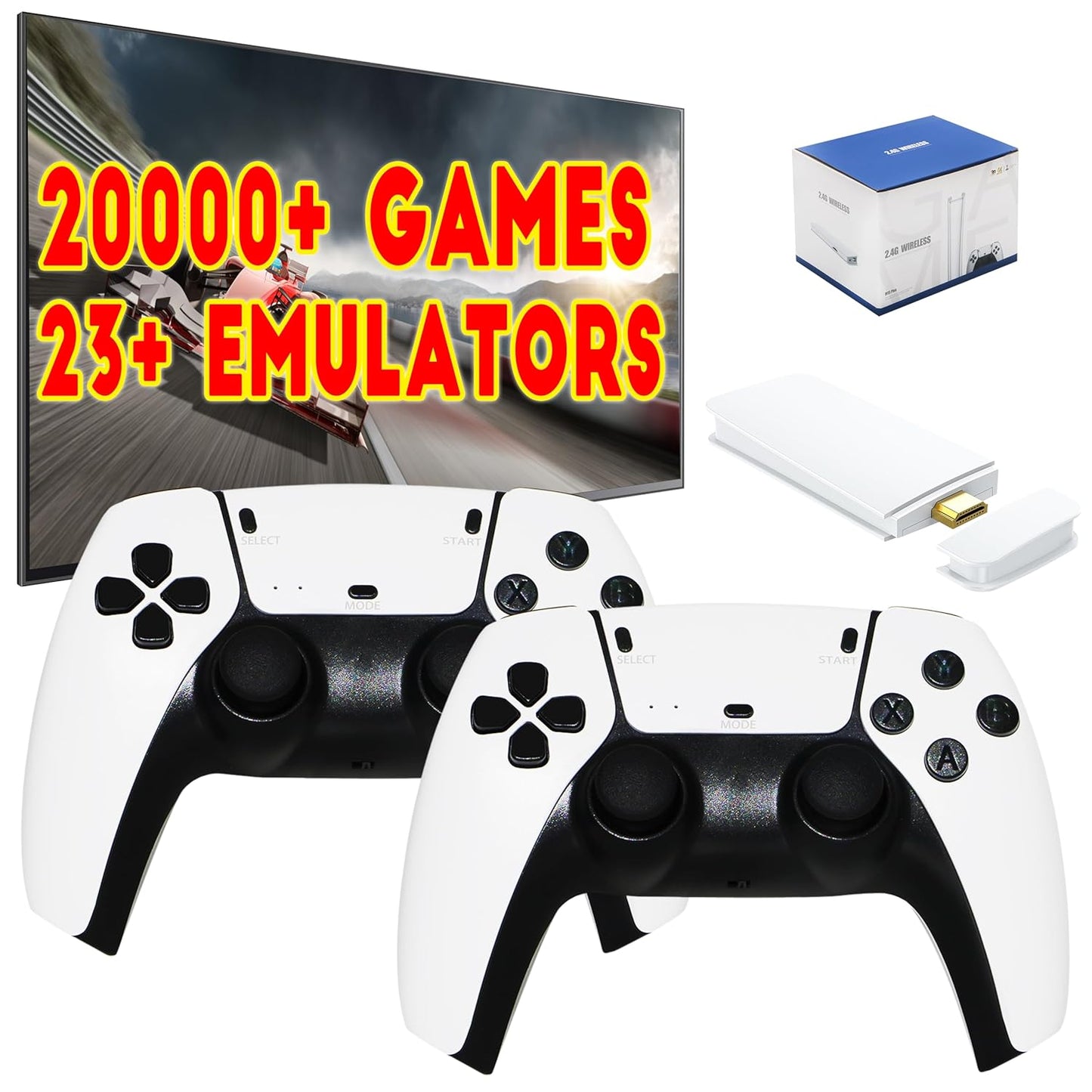 samstoy white wireless gaming controllers twin pack with HDMI game stick and 20000 plus games support