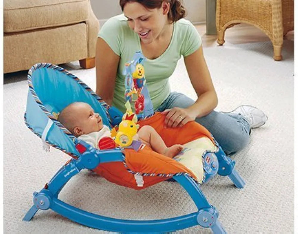 Samstoy newborn to toddler rocker chair Ahmedabad Gujarat online India baby in blue and orange rocker with toy bar and mom