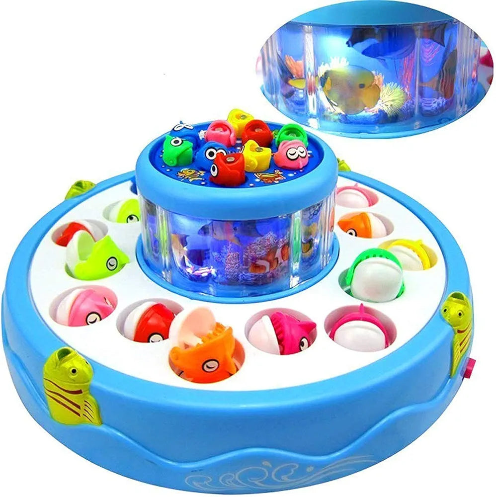 Samstoy rotating pond fishing game with music and lights blue circular toy with colorful pop up fish