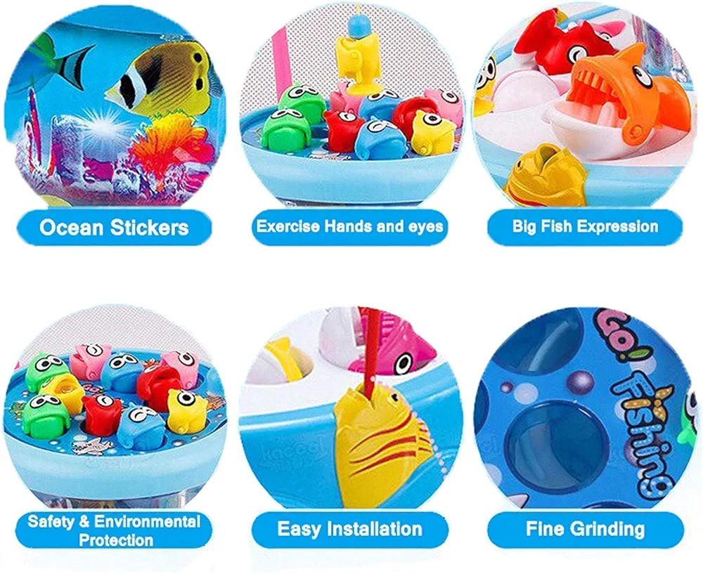 rotating pond fishing game with music and lights colorful plastic fish pond toy set with two fishing rods for kids