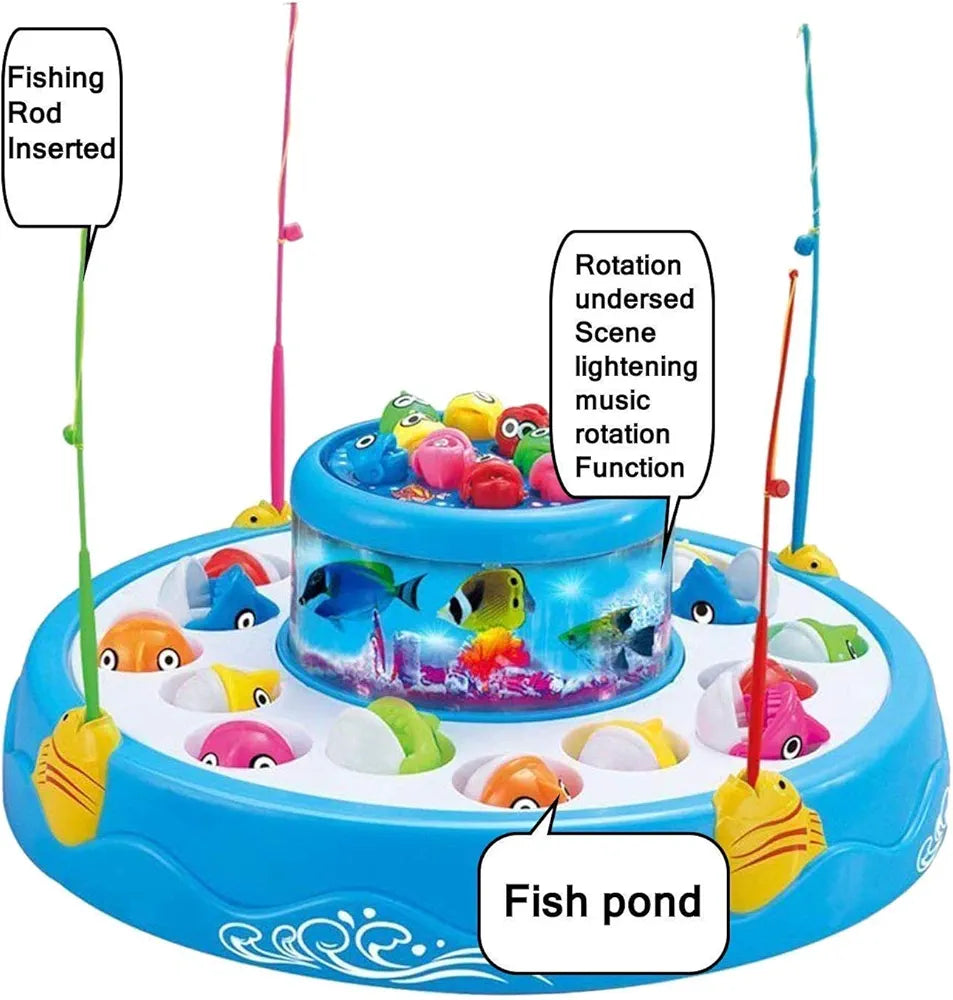 Samstoy rotating pond fishing game with music and lights toy set with four rods colorful fish spinning pond