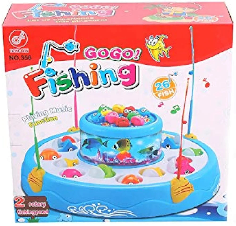 Blue rotating pond fishing game with music and lights toy featuring 26 colorful fish and four fishing rods