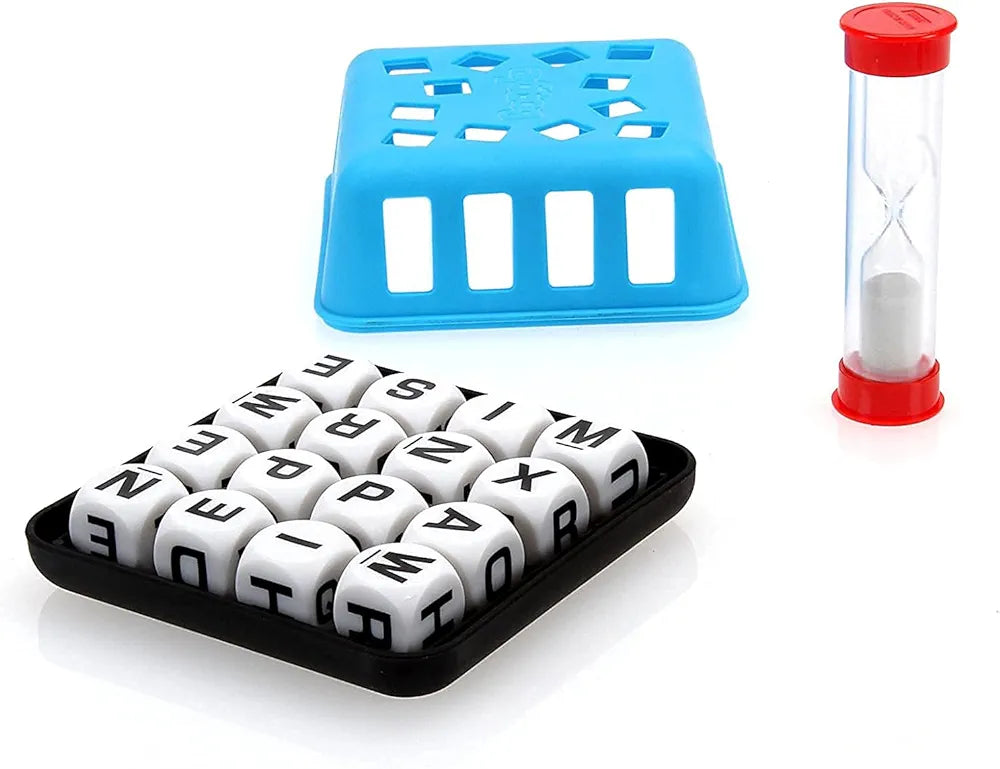 Boggle word game for kids 4x4 letter tray with white letter dice blue lid and red sand timer for timed play