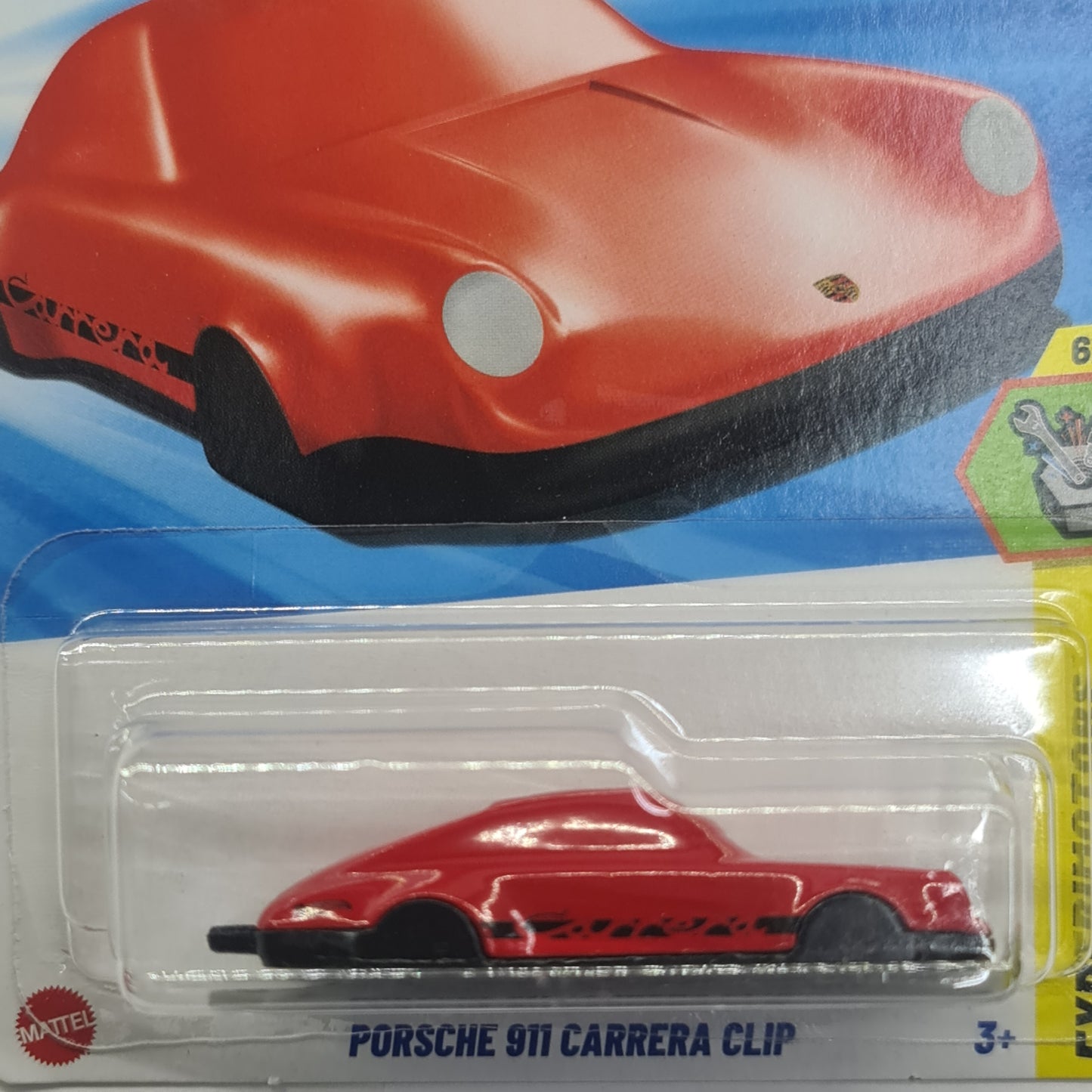 By Hot Wheels Porsche 911 Carrera Sam's Toy World red toy car in packaging with black stripe details