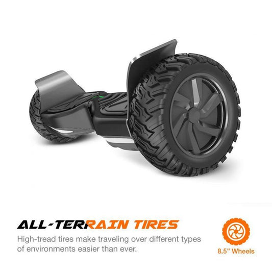 Black hoverboard with all-terrain tires, side view, ideal for outdoor play on various surfaces in Ahmedabad Gujarat