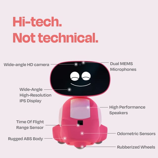 Interactive smart AI Robot Miko toy for learning India with HD camera, microphones, speakers, sensors, and rubberized wheels